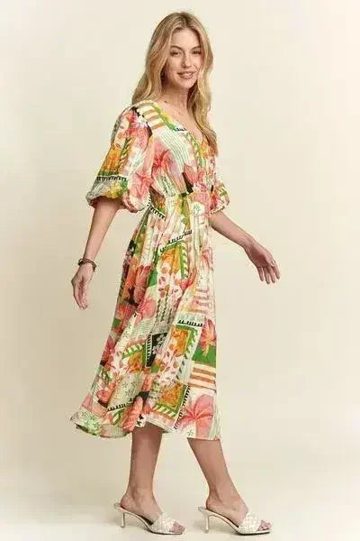 Robe mi-longue d'été florale à col en V et manches bouffantes – femstylo