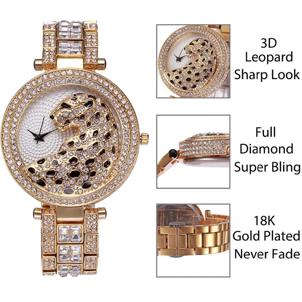 Montre à quartz pour femmes, tendance, bling, décontractée, pour dames, en or, avec cristaux, diamant et léopard, pour femmes et jeunes filles