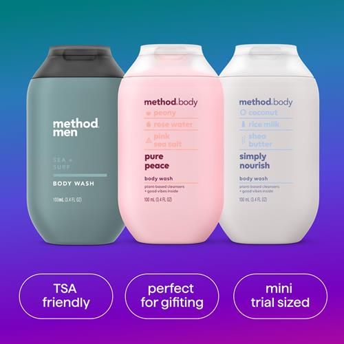 Coffret cadeau de gels douche Method, Pure Peace, Simply Nourish et Sea + Surf, flacons format voyage de 100 ml