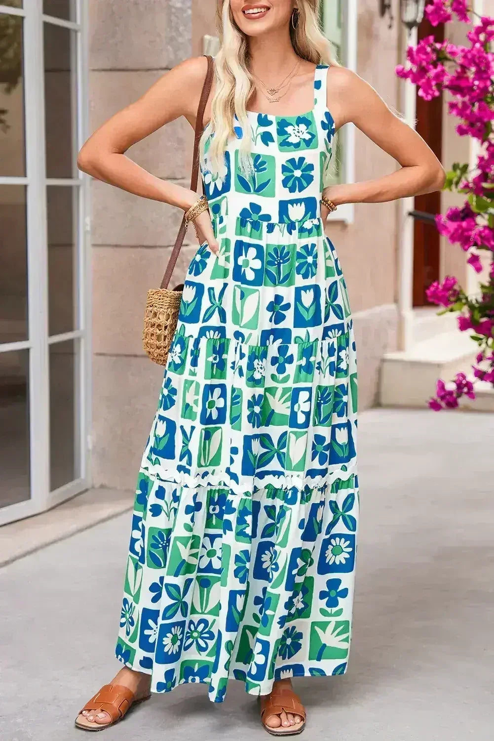 Robe longue multicolore bohème à carreaux fleuris