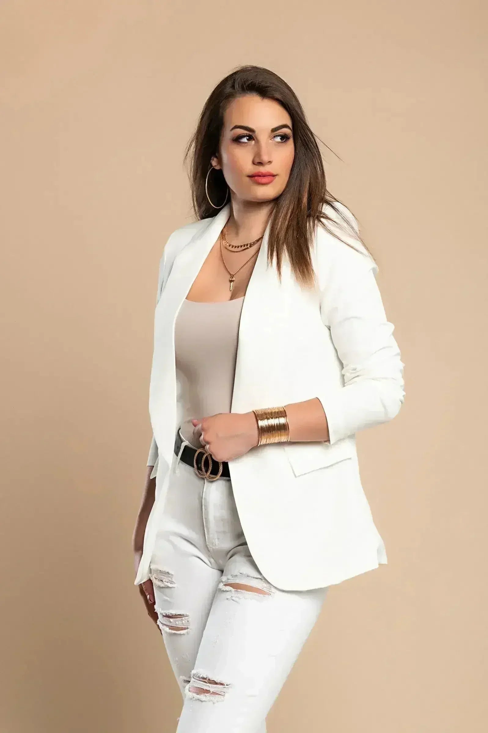 Blazer long blanc à manches 3/4 - Fabriqué en Italie | Femstylo