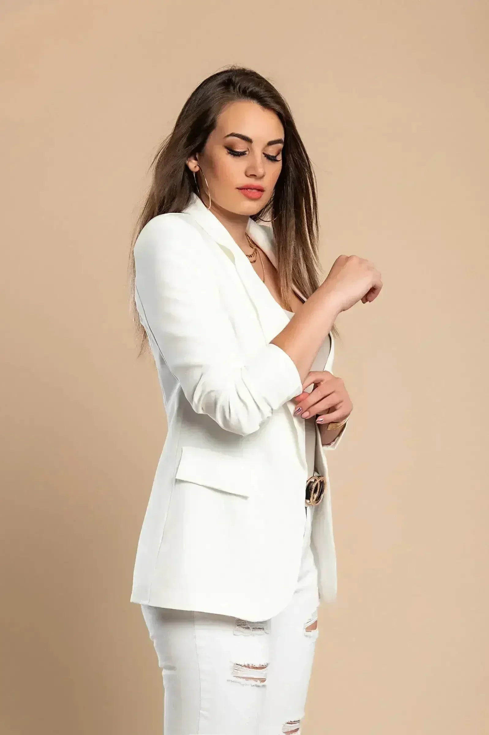 Blazer long blanc à manches 3/4 - Fabriqué en Italie | Femstylo