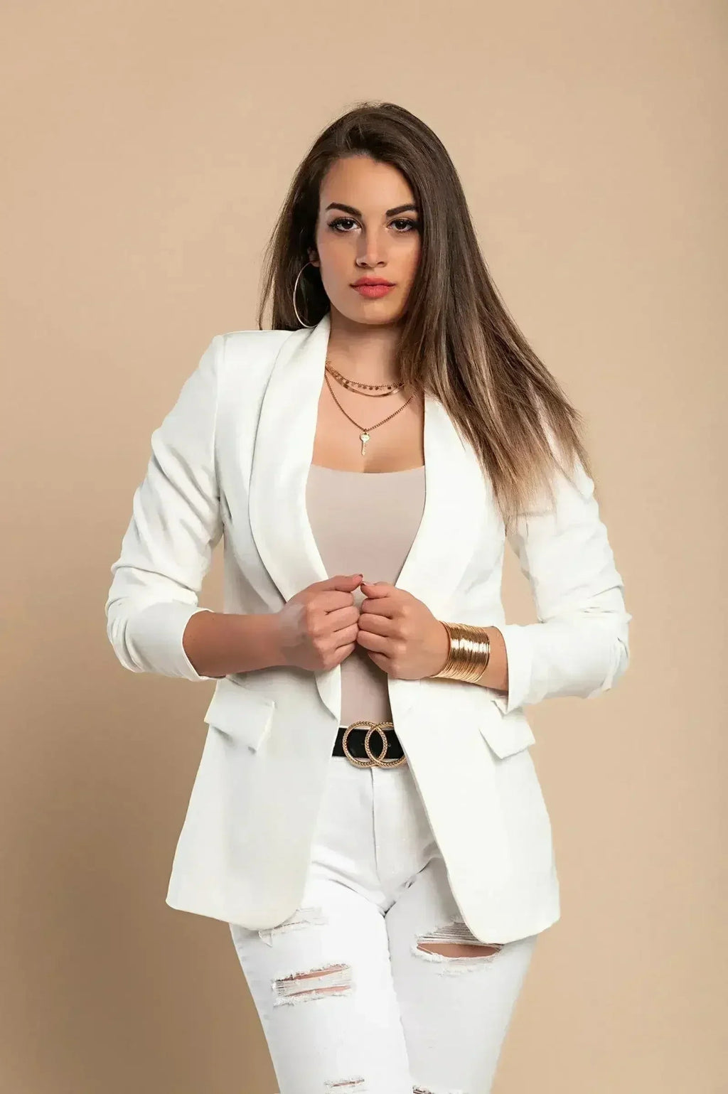 Blazer long blanc à manches 3/4 - Fabriqué en Italie | Femstylo