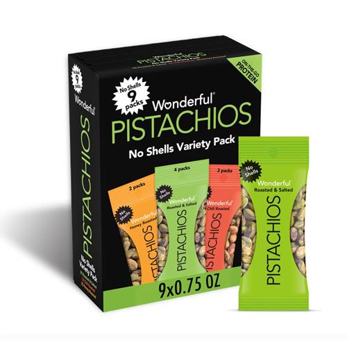 Wonderful Pistachios Sans Coque, Pack Variété Mélangée de 3 Saveurs (9 x 21g), Pistaches Grillées & Salées (4), Chili Grillées (3), Miel Grillées (2), Snacks Protéinés, Sans Gluten, Essentiels du Garde-manger, Sant