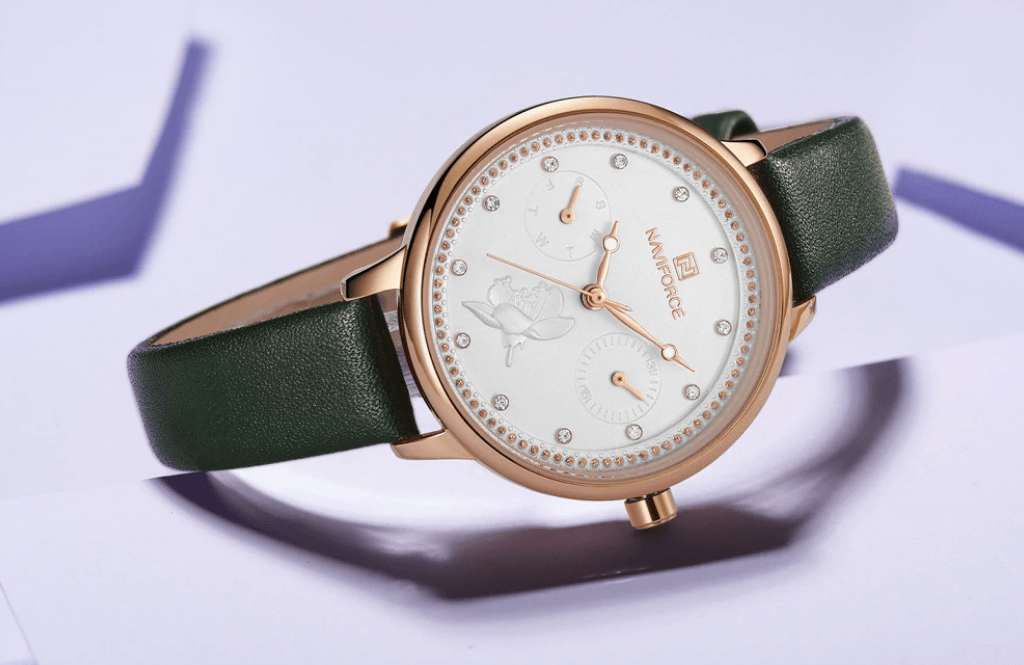 Montre de luxe élégante pour femme avec double zircon et deux chronomètres jour et date