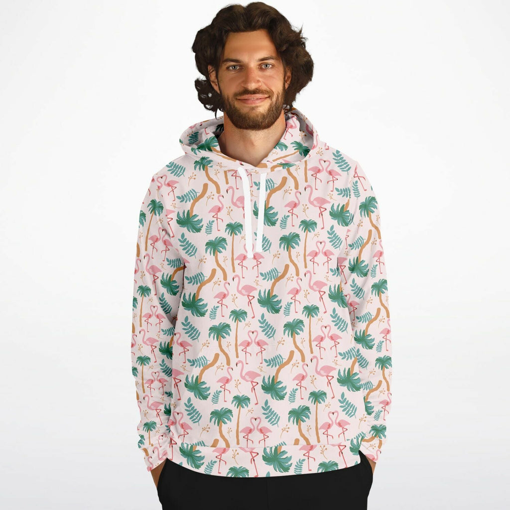 Sweat à capuche motif floral tropical flamant rose