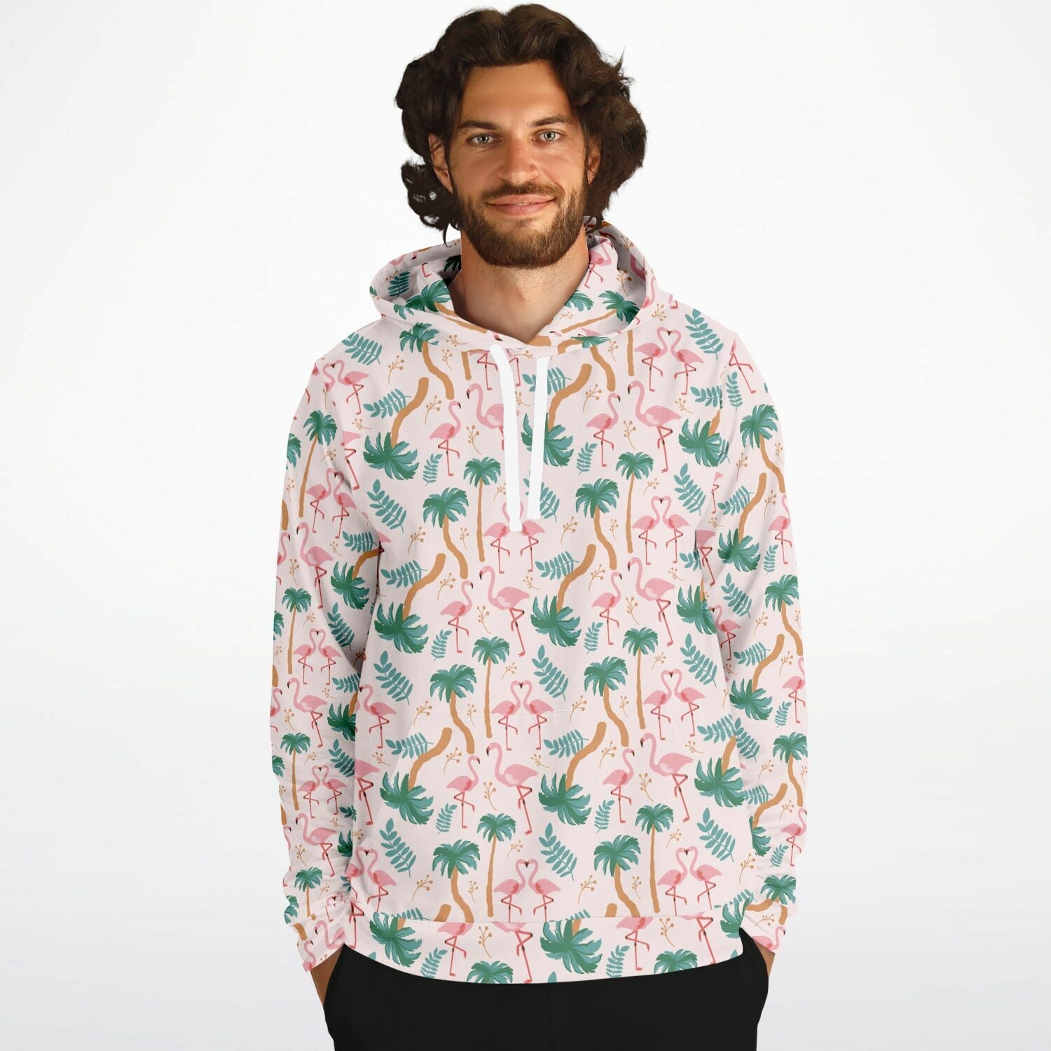 Sweat à capuche motif floral tropical flamant rose