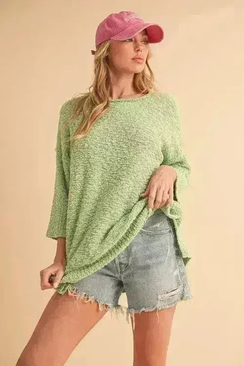 Pull à ourlet côtelé – Pull à col rond fendu sur le côté | Femstylo