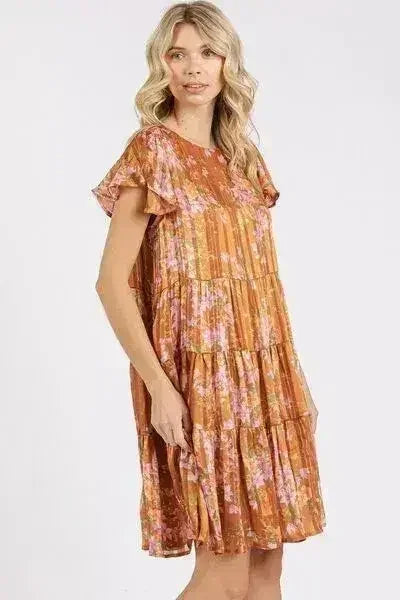 Robe caramel étagée à manches volantées imprimé fleuri – femstylo