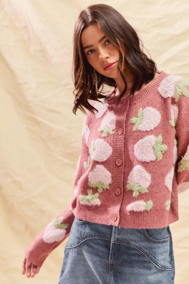 SO ME Cardigan en maille boutonnée à motif de fraises