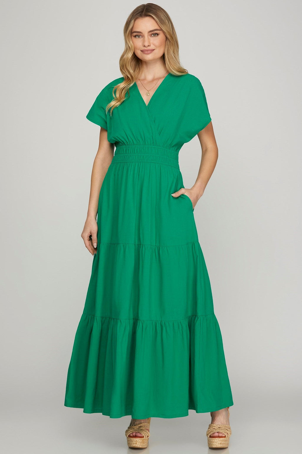 Robe longue portefeuille à manches courtes et volants avec poches pour femmes – Robe longue fluide, élégante et polyvalente avec encolure portefeuille et poches