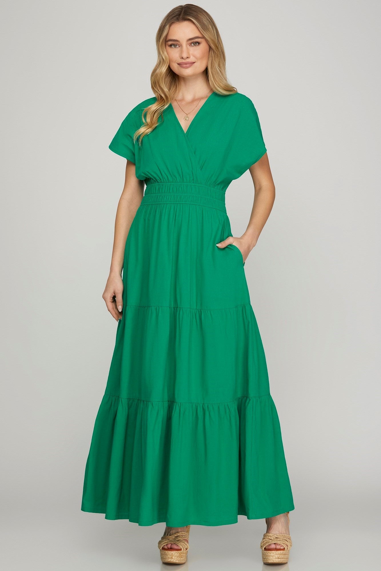 Robe longue portefeuille à manches courtes et volants avec poches pour femmes – Robe longue fluide, élégante et polyvalente avec encolure portefeuille et poches