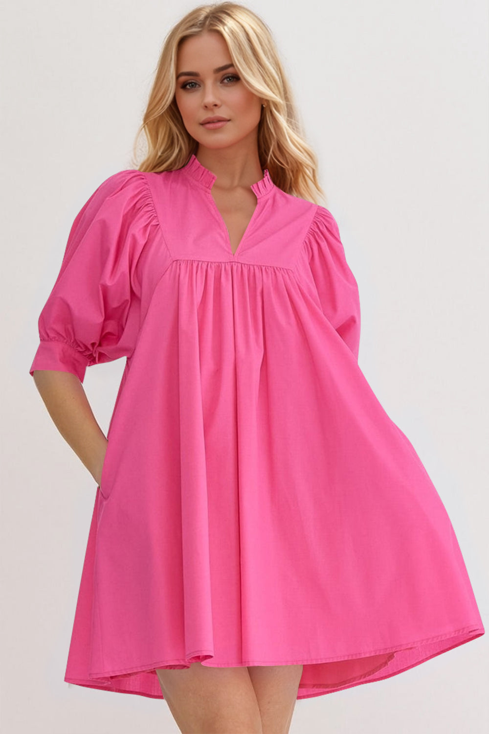 Mini-robe rose à manches bouffantes Robe décontractée et féminine pour femme Robe d'été simple et classique