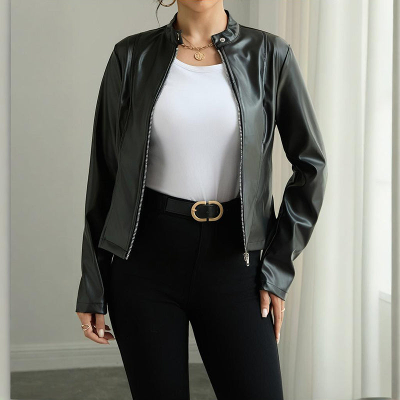 Blazer en similicuir uni à manches longues et col montant pour femme