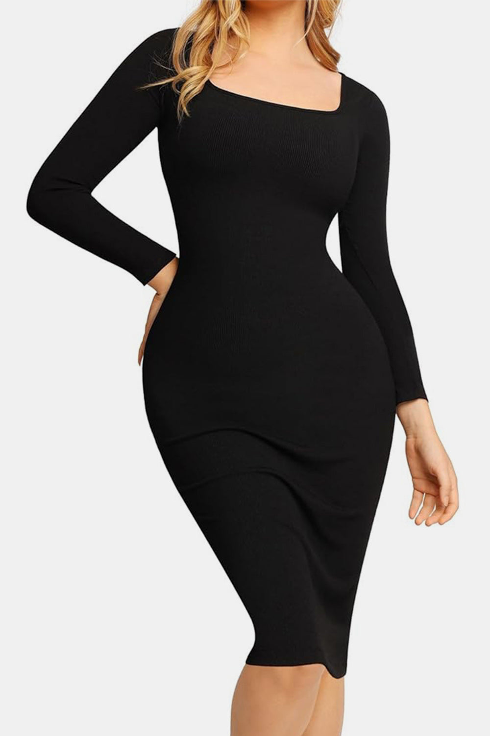 Robe élégante noire à col carré et manches longues avec gaine intégrée pour femme