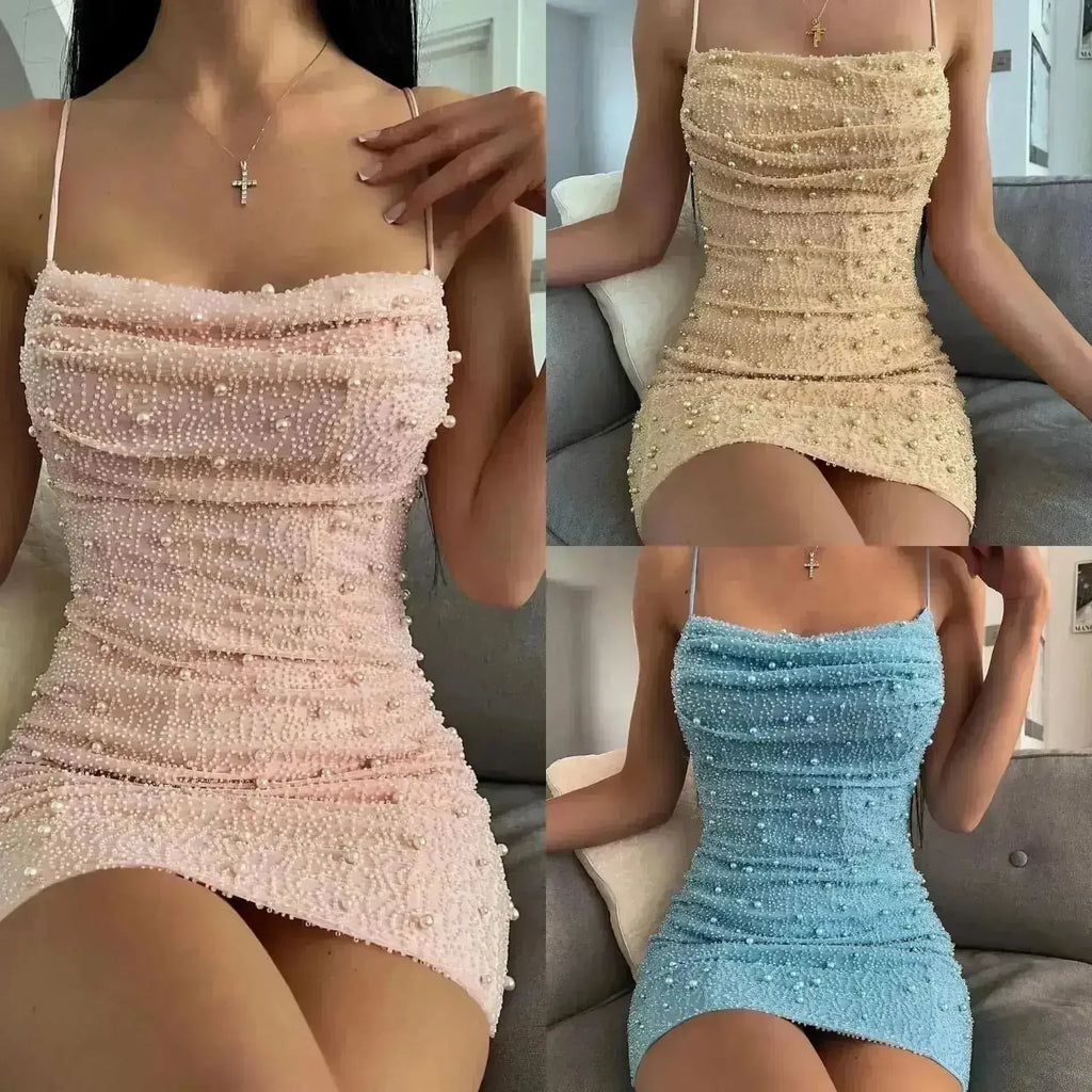 Robe Courte à Bretelles Perles Sexy Magnifique Net Rouge