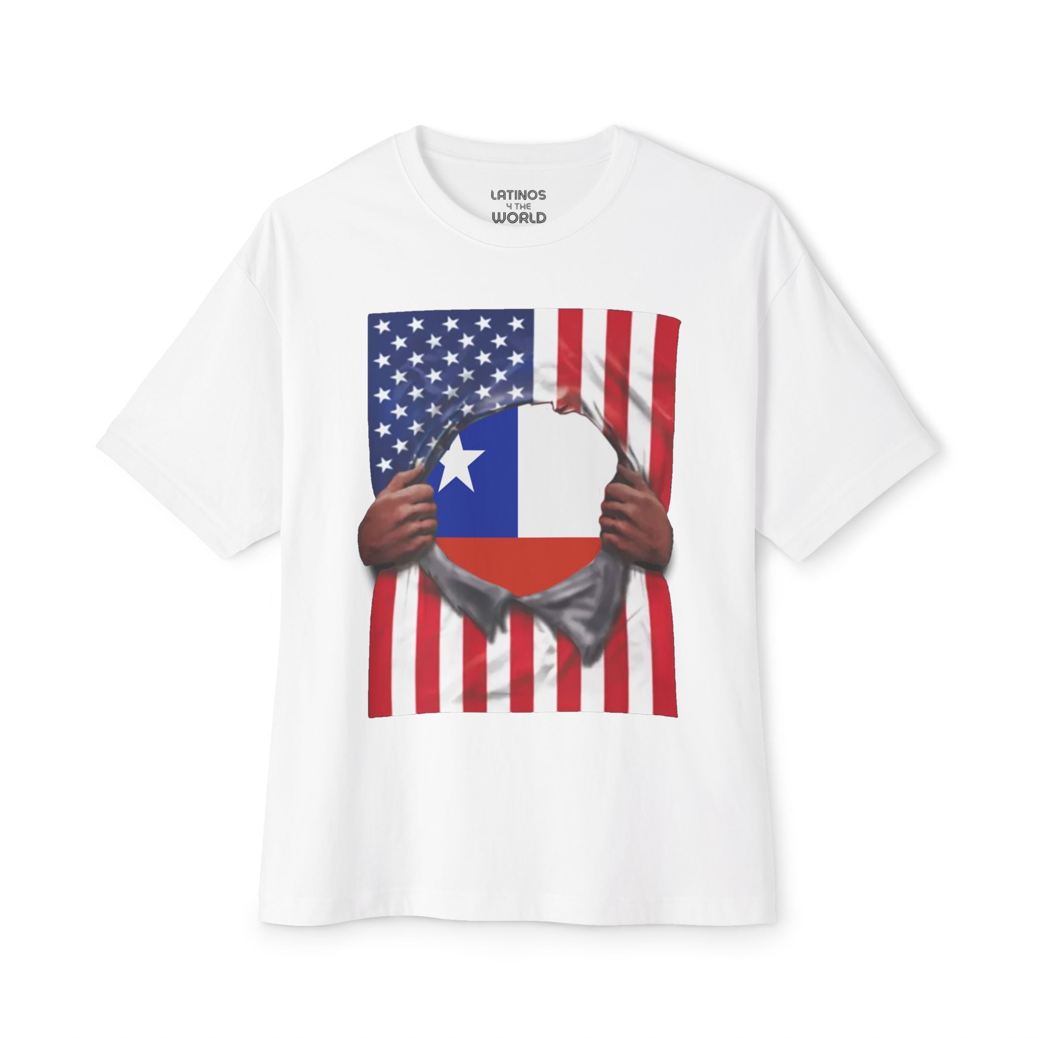 T-shirt Fierté Drapeau Chili + Drapeau États-Unis | Drapeaux Chilien + Américain déchirés 4 Juillet | T-shirts humoristiques viraux latinos | Unisexe - 4 couleurs