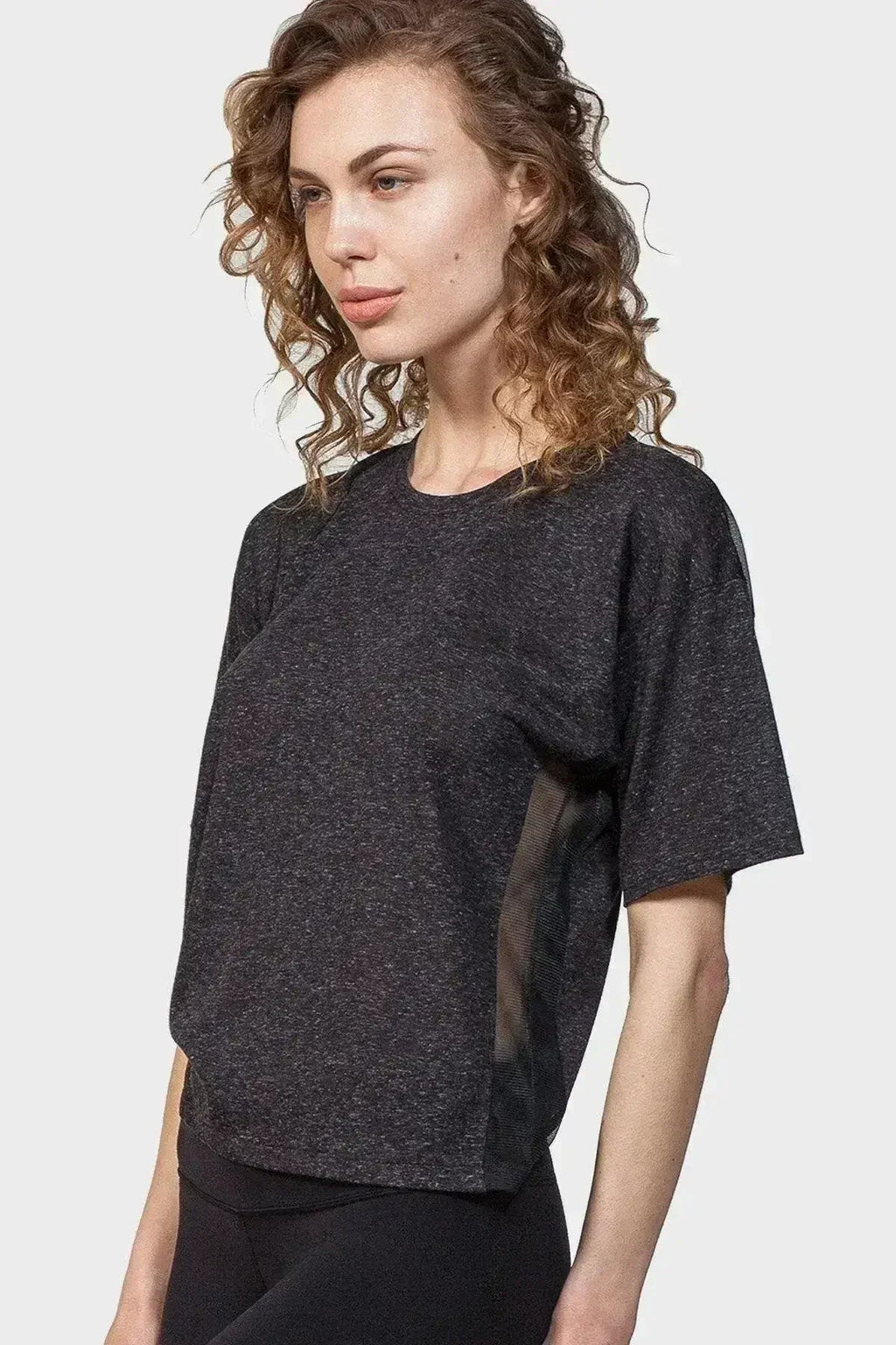 Haut à empiècement en résille dans le dos – Col rond noir sexy avec résille transparente