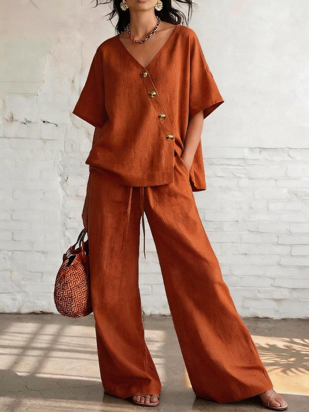 Ensemble décontracté pour femme : Haut en coton et lin à col en V et pantalon large.