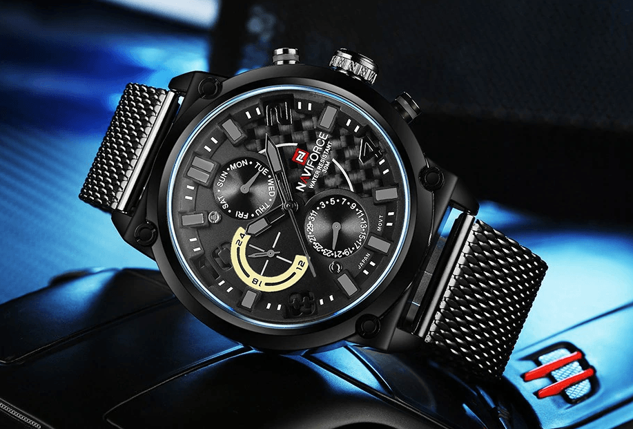 Montres à Quartz Analogiques Multifonctions pour Hommes, Étanche avec Bracelet en Maille d'Acier Inoxydable, Excellent Design, Cadeau Parfait