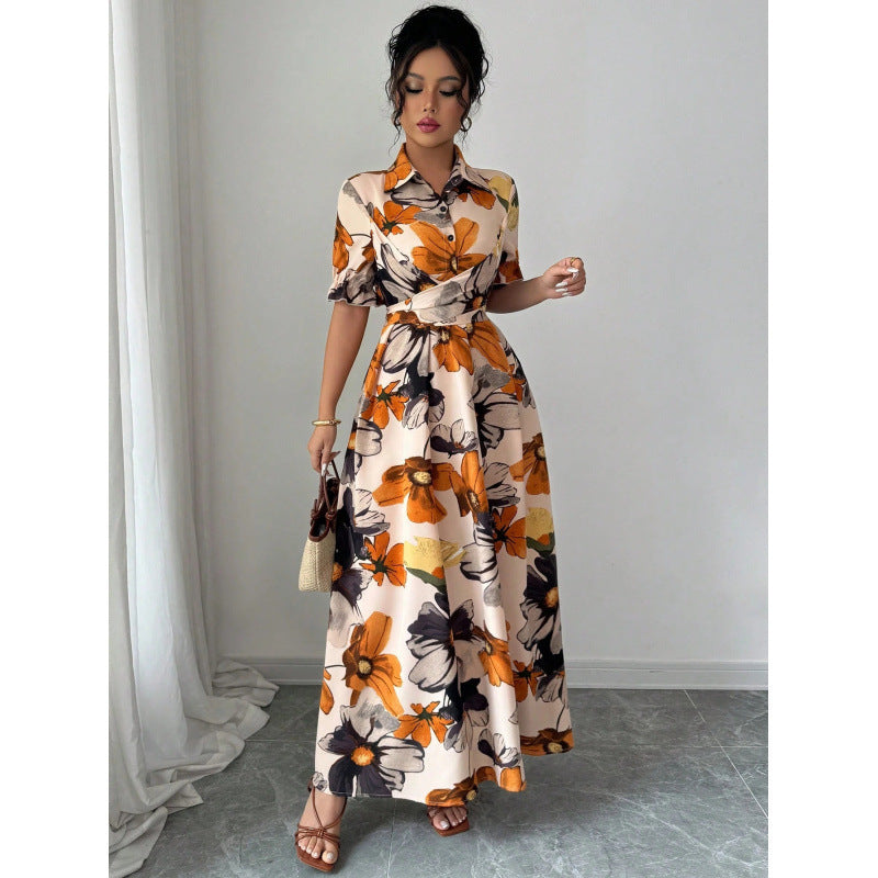 Robe pour femme à manches bouffantes imprimées – Col chemisier et taille nouée croisée