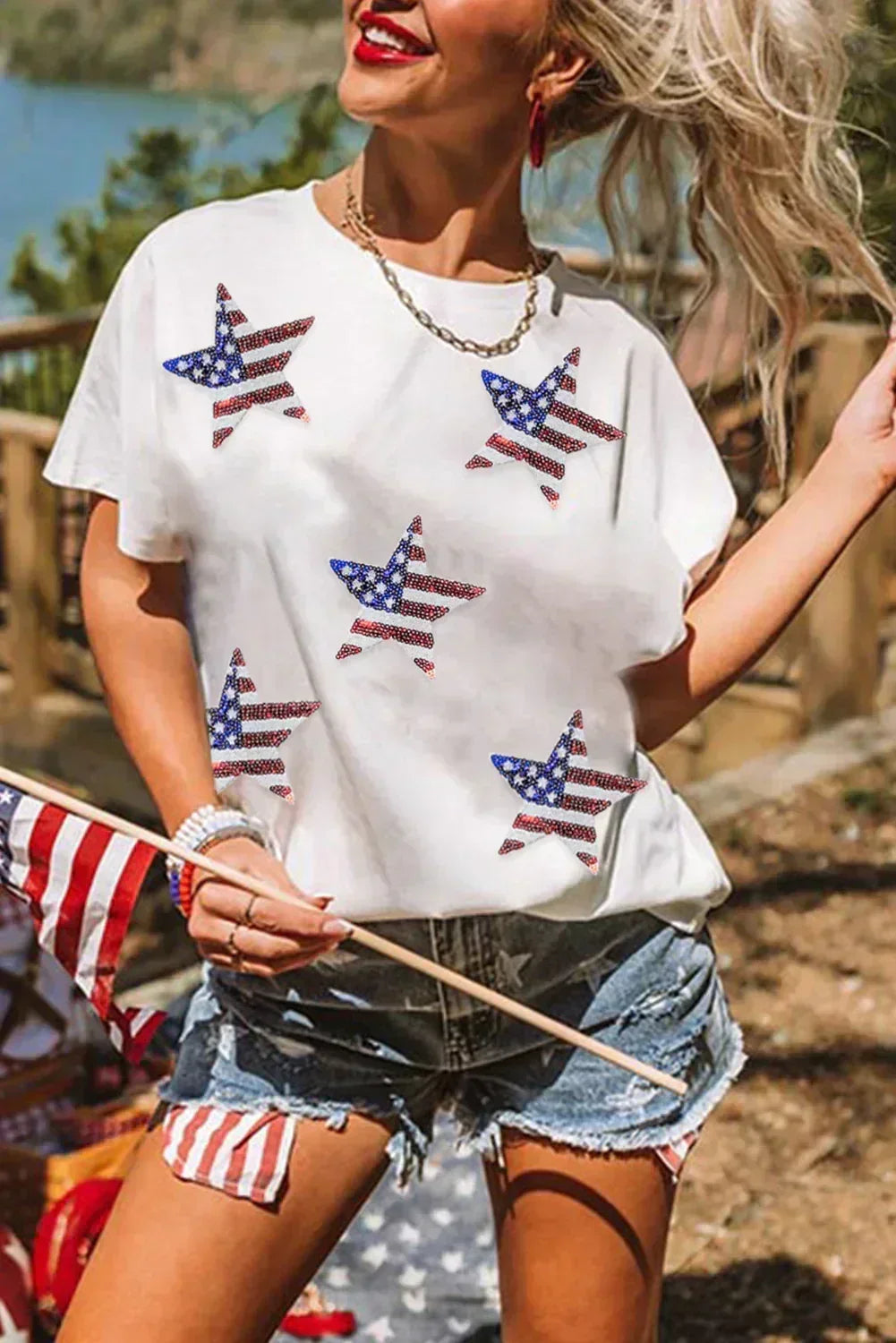 T-shirt graphique étoiles drapeau américain à paillettes noires