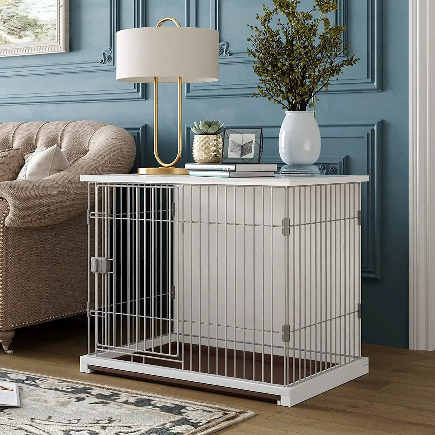 Cage élégante pour chien en bois blanc, 34 pouces de long