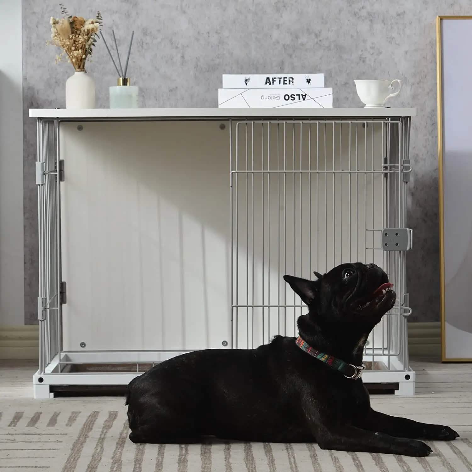 Cage élégante pour chien en bois blanc, 34 pouces de long
