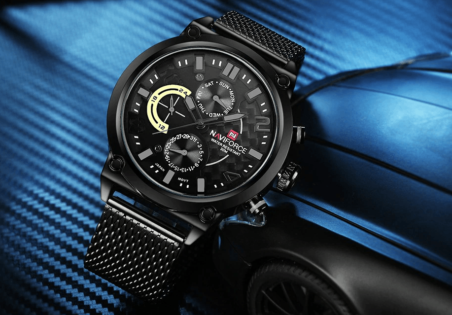Montres à Quartz Analogiques Multifonctions pour Hommes, Étanche avec Bracelet en Maille d'Acier Inoxydable, Excellent Design, Cadeau Parfait