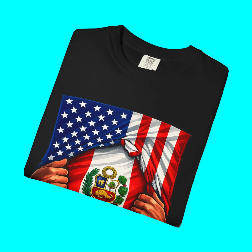 Drapeau Pérou + Drapeau USA T-shirt Fierté | Drapeau Péruvien + Américain Déchiré 4 Juillet | T-shirts Latino Drôles Viraux | Unisexe - 4 Couleurs