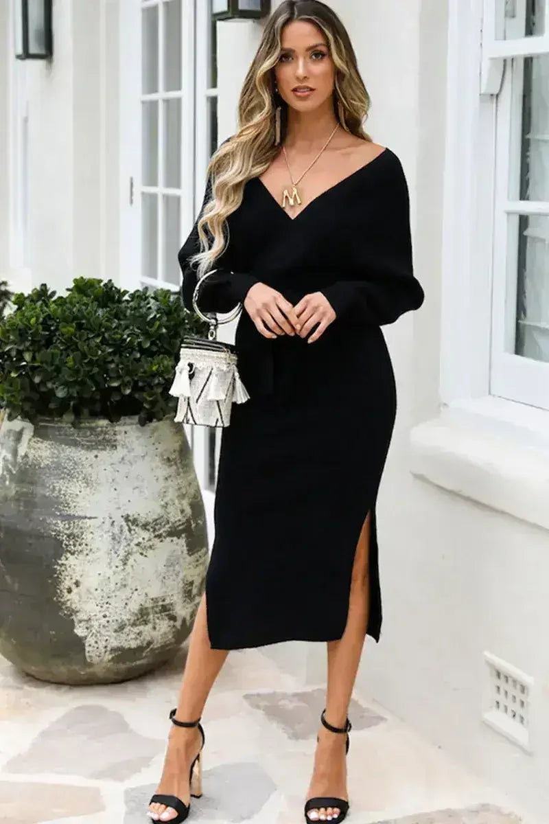 Robe pull fendue à la taille avec col cache-cœur et nœud