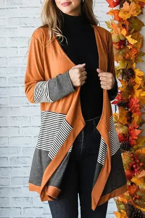 Gilet ouvert patchwork rayé color-block orange
