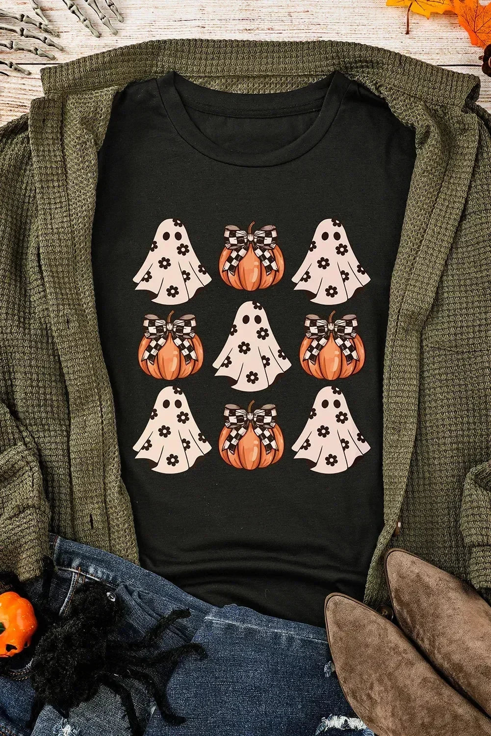 T-Shirt à col rond avec motif citrouille fantôme d'Halloween noir