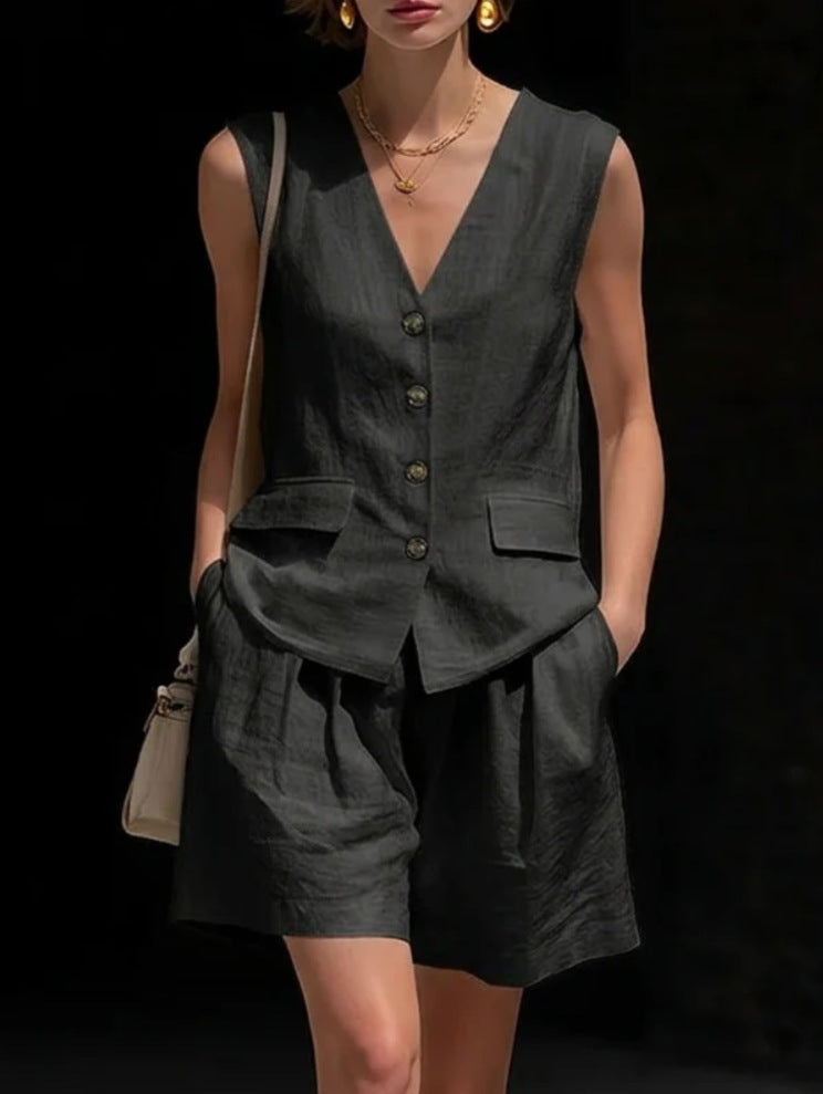 Ensemble débardeur et short en coton et lin sans manches pour femme