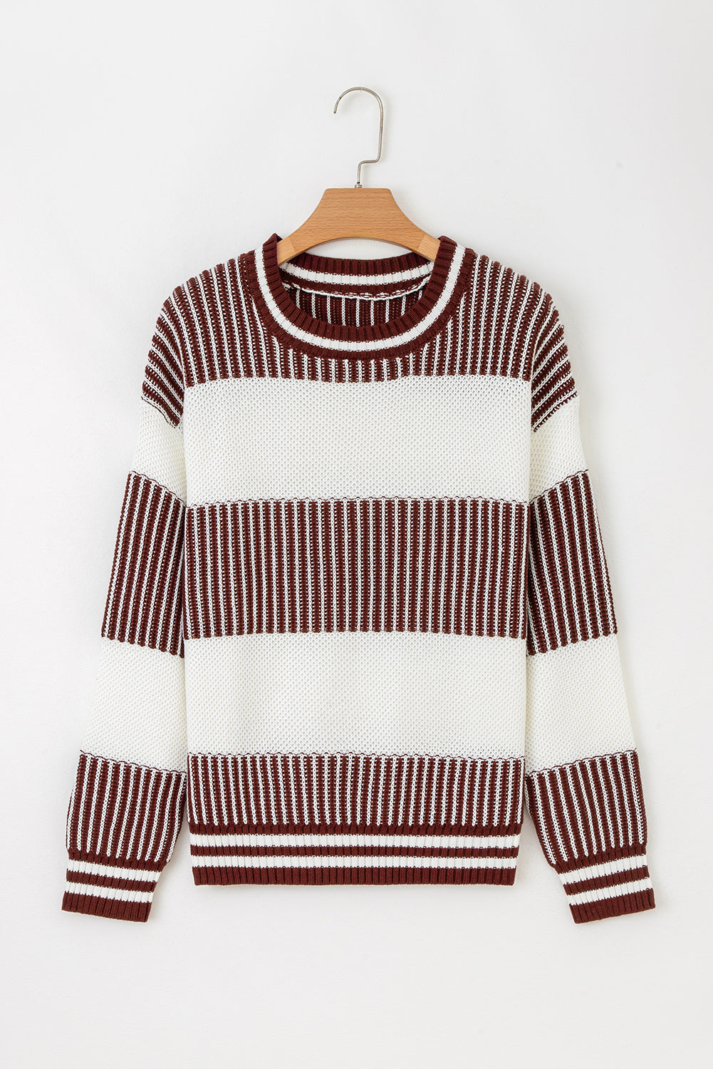 Pull deux tons marron à rayures, patchwork et épaules tombantes