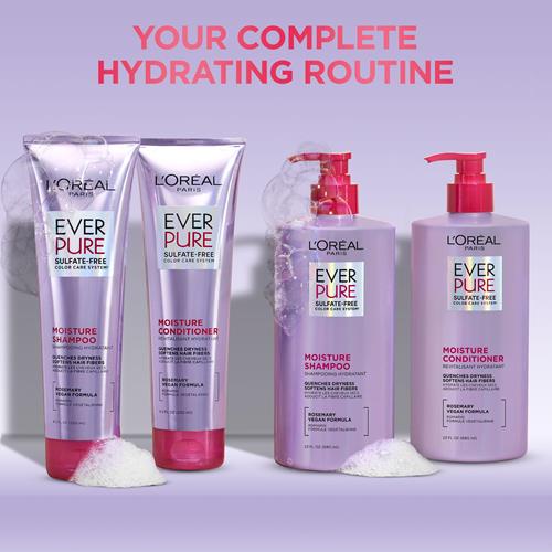 Shampooing hydratant sans sulfate L’Oréal Paris, soins capillaires pour cheveux colorés aux extraits botaniques de romarin, Everpure, 250 ml