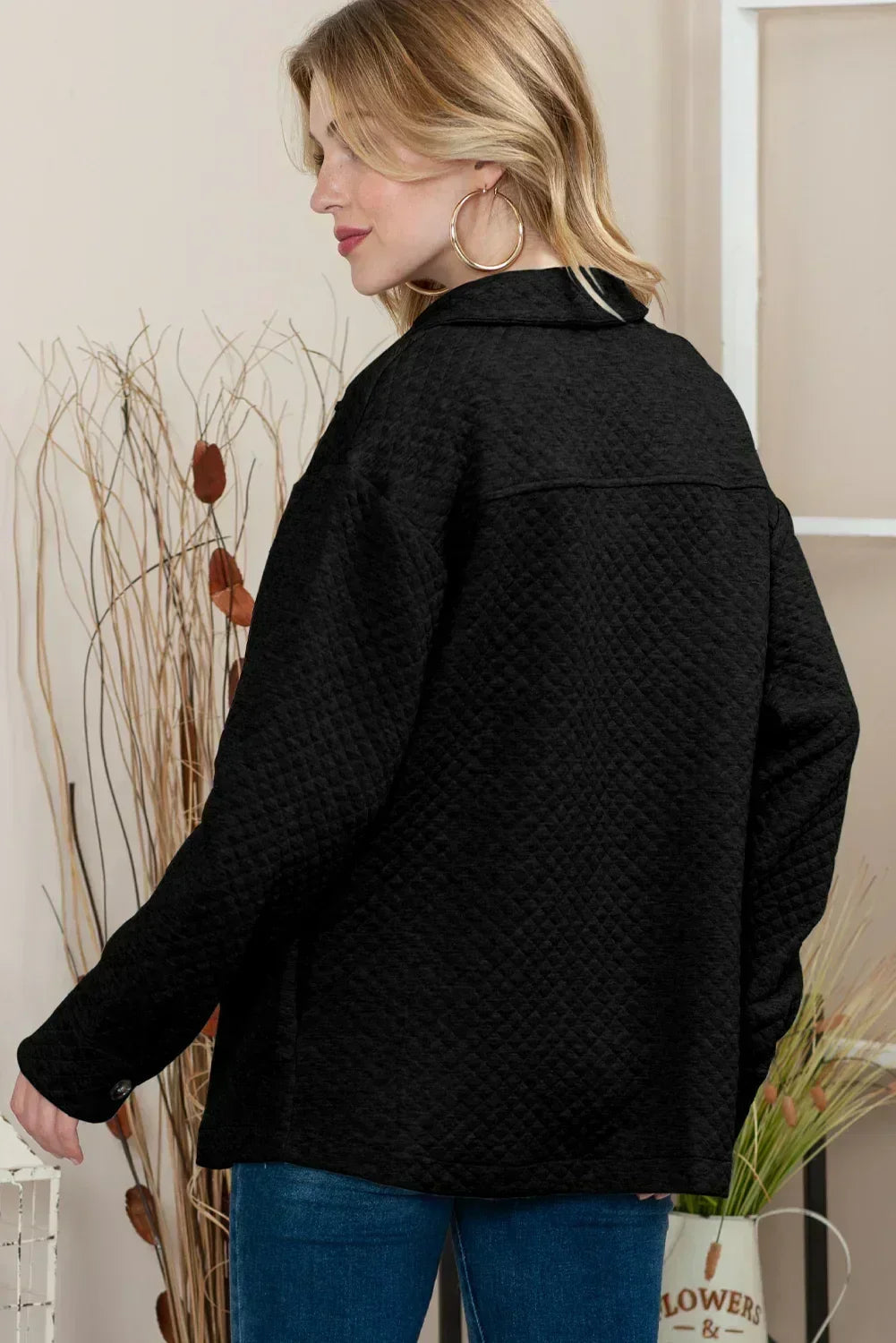 Veste chemise matelassée rétro texturée à losanges noirs – Femstylo