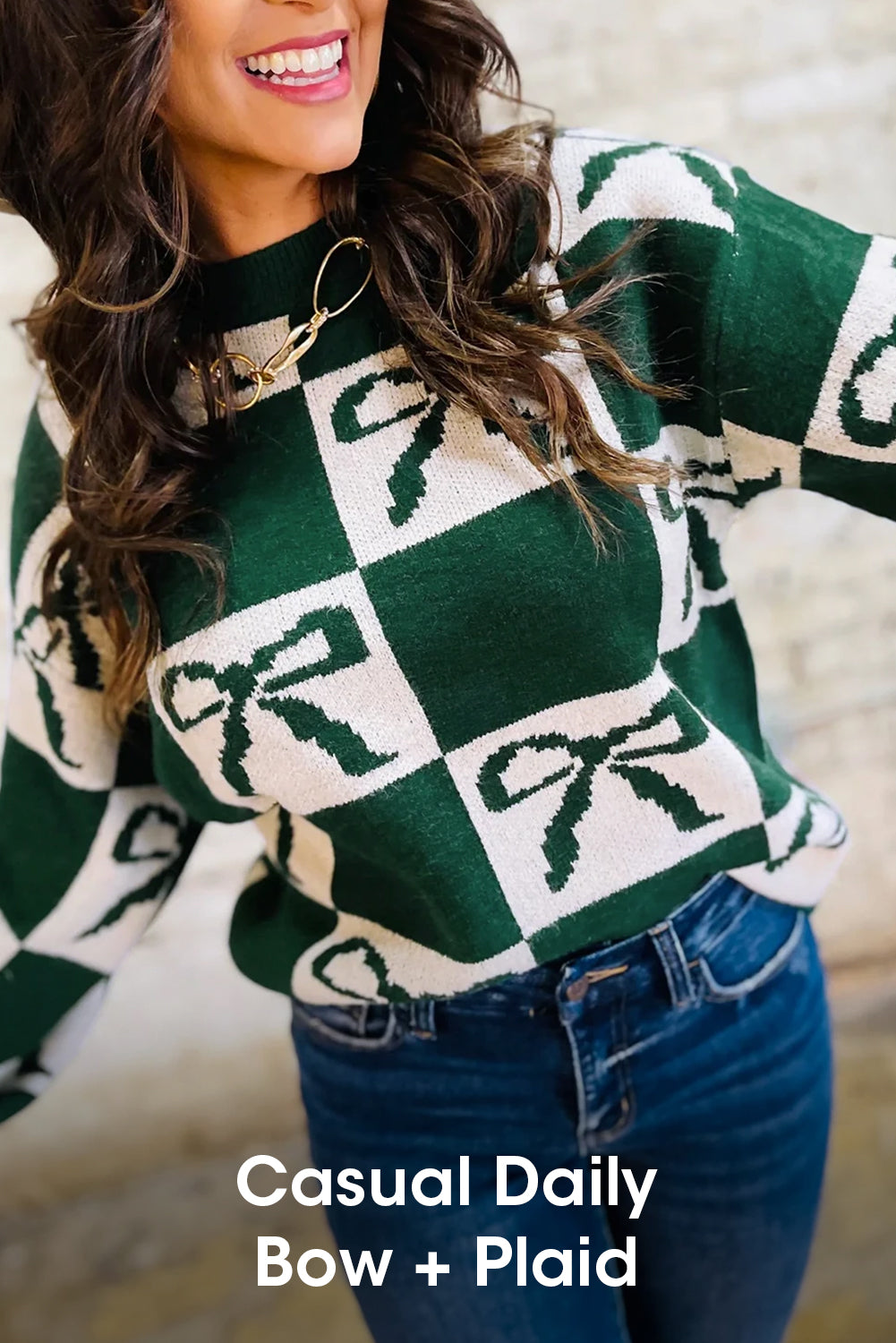 Pull en maille à carreaux vert noirâtre avec nœuds imprimés