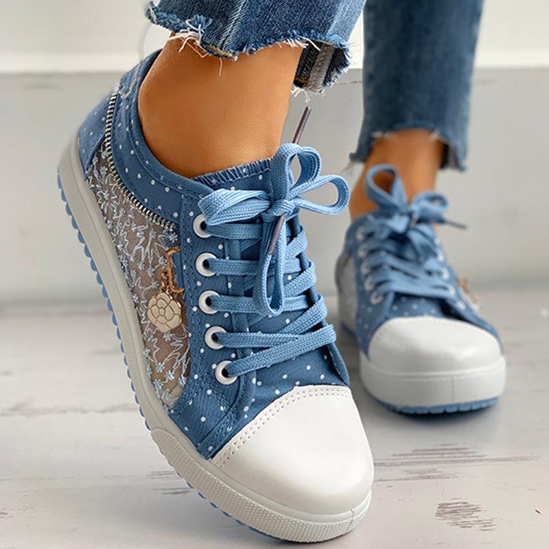 Baskets en toile décontractées à pois et broderies florales pour femme