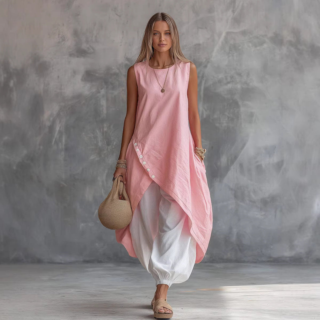 Robe sans manches unie coupe ample avec poches plaquées
