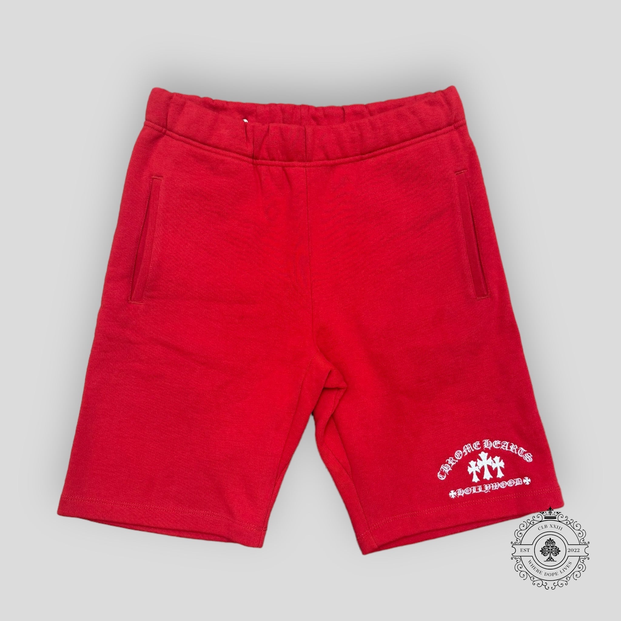Shorts de survêtement brodés Chrome Hearts Cemetery Cross rouges