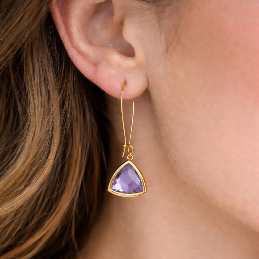 Boucles d'oreilles pendantes triangle en hydro quartz améthyste