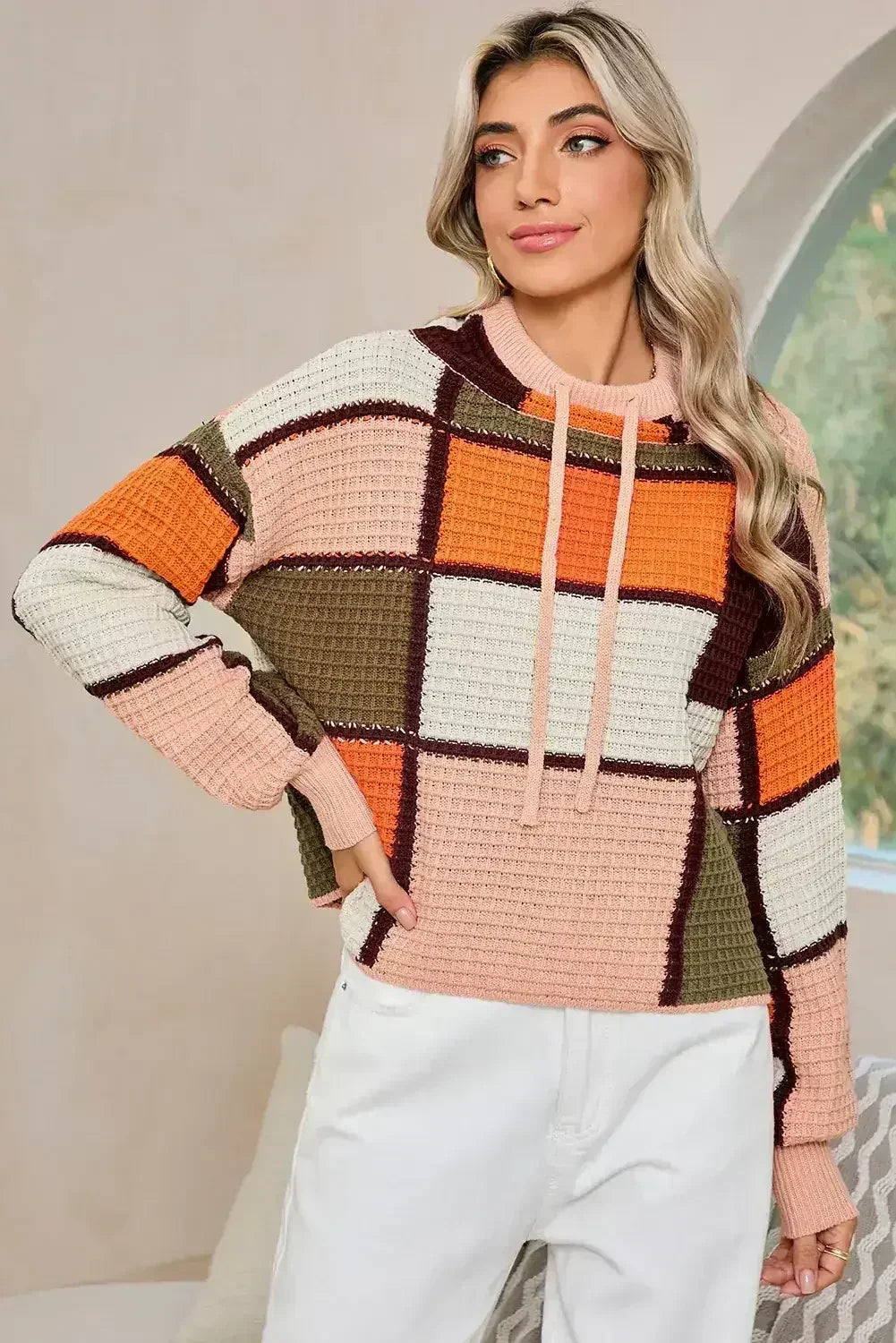 Pull à col montant orange color block en tricot gaufré avec cordon de serrage