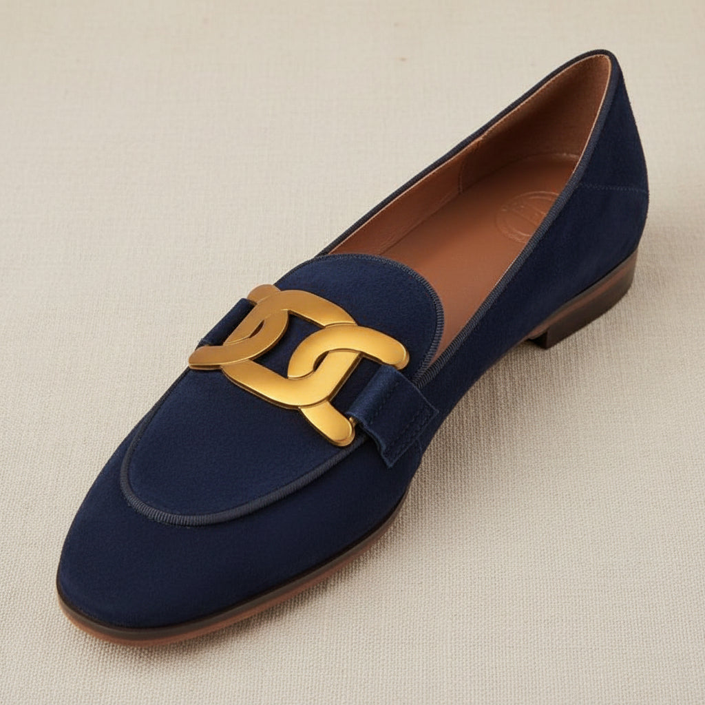 Mocassins en daim à boucle métallique rétro pour femme – Plateforme à talon épais à enfiler