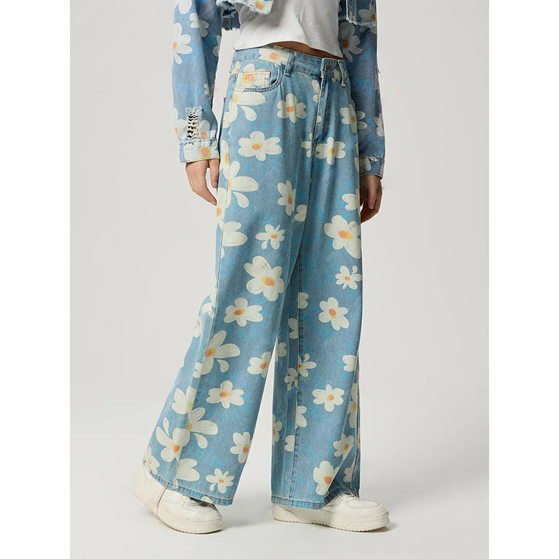 Jean droit vintage à imprimé floral pour femme