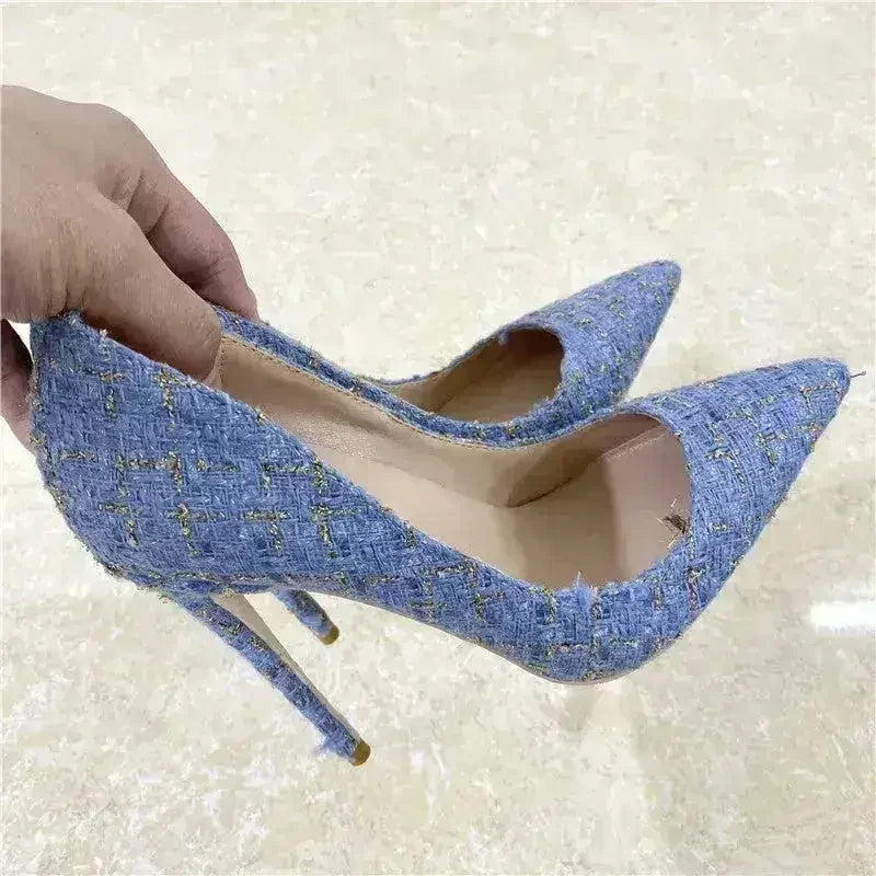 Nouvelles Escarpins à Talons Hauts Tissés 12CM Bout Pointu Talons Aiguilles Polyvalents pour Femmes
