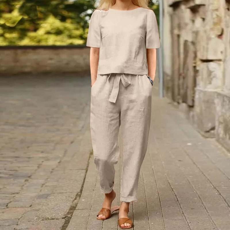 Ensemble deux pièces pantalon large – Tenue de détente décontractée unie