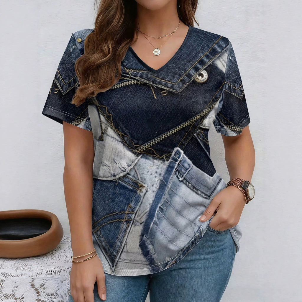 T-shirt en jean à col en V et manches courtes | T-shirt décontracté ample