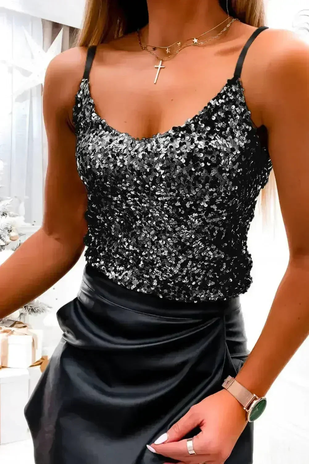 Débardeur noir à sequins, bretelles spaghetti réglables