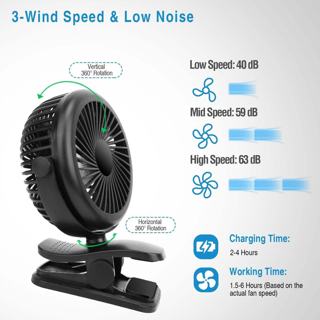Ventilateur portable à pince rotatif à 360° silencieux et rechargeable